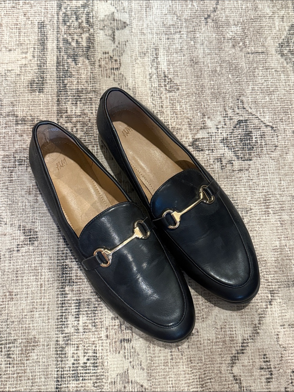 NEW H&M Black Leather Loafers with Gold Horsebit